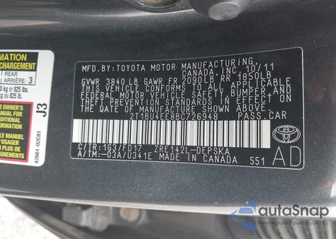 2011 Toyota Corolla S из США, поврежденный, VIN 2T1BU4EE8BC726948